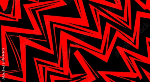 Abstract zigzag pattern in bold red and black tones.