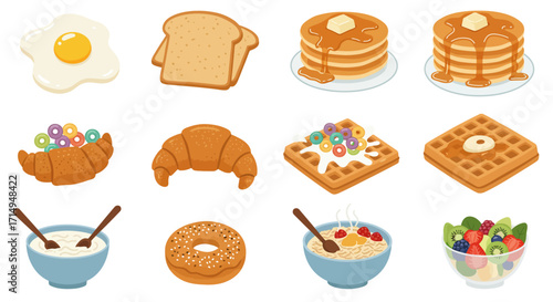 Illustration of breakfast foods egg toast pancakes croissants waffles bagel cereal oatmeal  fruit salad