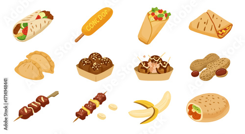 Illustration of food items wraps corn dog gyozas skewers banana peanuts takoyaki and chocolate balls