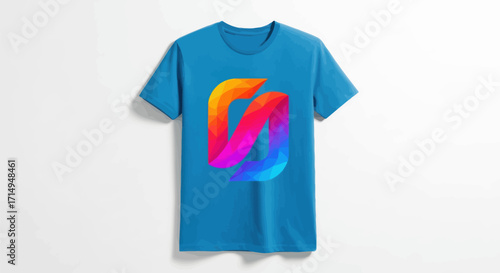 Blue T-shirt with Colorful Abstract Gradient Ribbon Design.