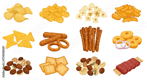 Illustration of various snacks arranged in a rectangular grid
