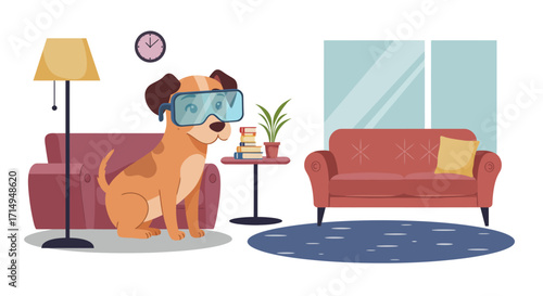 Adorable dog with vr goggles in cozy living room setting