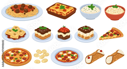 Image shows multiple Italian dishes pasta pizza lasagna ravioli risotto tiramisu cake cannoli  gnocchi