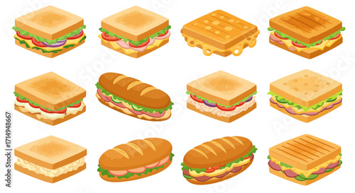 Isometric arrangement of sandwiches various shapes with fillings such as cheese lettuce ham tomato