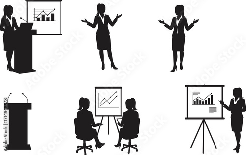 Businesswomen silhouettes, presentation, leadership, teamwork, corporate meeting, public speaking, workplace communication, strategy, management, 