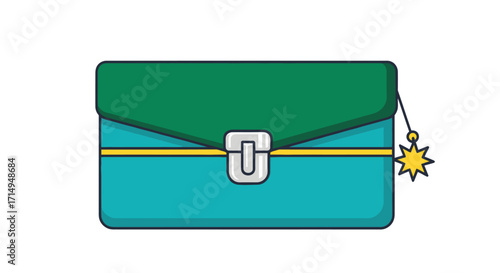 Cartoon Teal and Green Rectangular Box with Silver Clasp and Star Charm.