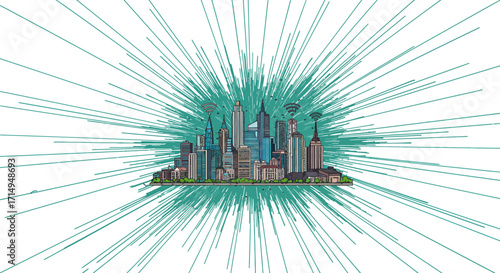 Dynamic burst around modern urban skyline with technology elements