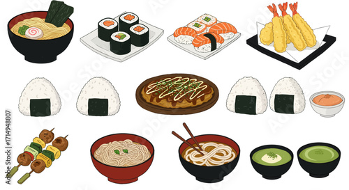 Japanese cuisine illustration ramen sushi tempura onigiri yakitori okonomiyaki noodles and green tea displayed
