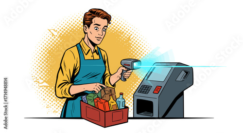 Supermarket checkout: person scanning groceries at self-checkout terminal in…