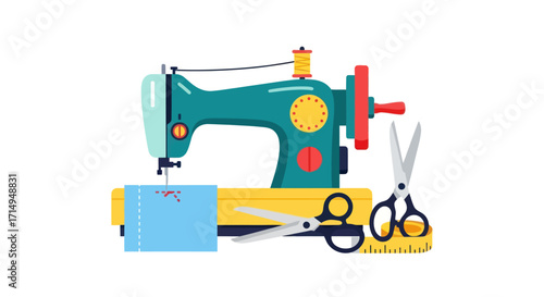 Colorful Illustration of a Vintage Sewing Machine and Scissors.