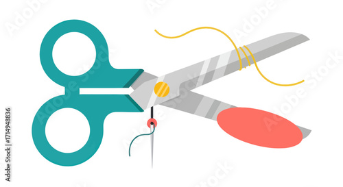 Teal-handled scissors cutting yellow thread with a needle and black thread.