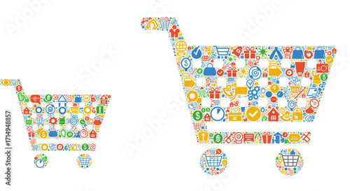 Colorful shopping cart composed of various icons in mosaic design