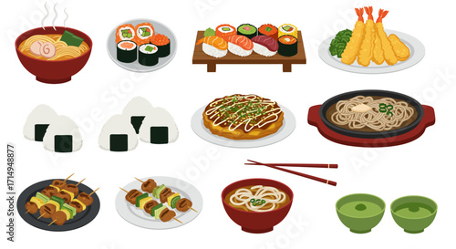 Japanese food spread ramen sushi tempura onigiri okonomiyaki yakisoba kushiyaki udon sake