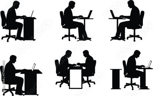 Office worker silhouettes with laptops, business teamwork, remote work, digital workplace, corporate collaboration, professional productivity, desk jobs