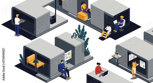 Modern isometric office spaces with people engaged in work activities
