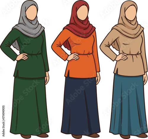 Women wearing modest hijab clothing in green orange and brown outfits vector illustration with diverse style options 