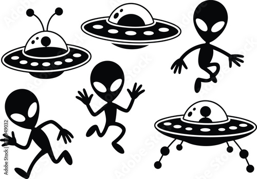 Black and white cartoon alien and UFO illustration set, extraterrestrial silhouettes, flying saucers, sci-fi vector design for stickers, t-shirts, merchandise
