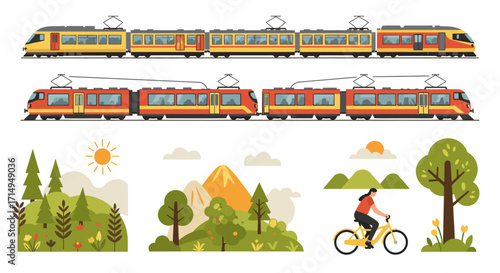 Modern commuter train and nature landscape with bicycle rider in flat style