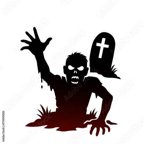 Scary zombie emerges from the grave. Ghost silhouette. Halloween vector illustration. Flat vector.