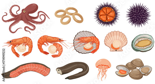 Seafood assortment octopus rings urchins shrimp scallops eel jellyfish clams salmon and abalone are displayed