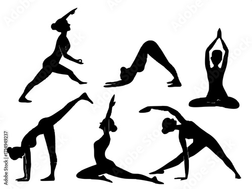 Collection of yoga silhouettes in elegant black, flat design, assorted poses arranged aesthetically with no environment detail, calm and meditative mood.
