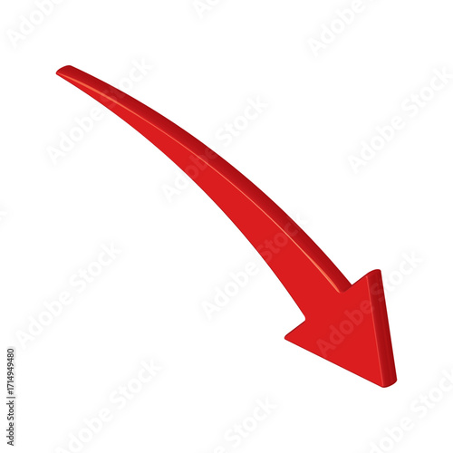 Red 3d glossy arrow going down stock icon on white background. Bankruptcy, financial market crash icon for your web site design, logo, app, UI. graph chart downtrend symbol.chart going down sign.