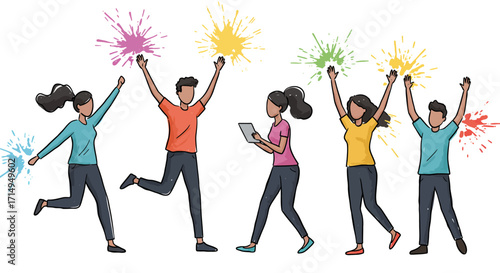 Diverse group of young people celebrating with colorful splashes and expressions