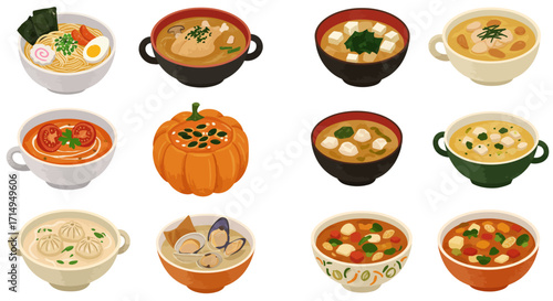 Twelve bowls of various soups including ramen pumpkin chowder and tomato displayed in a grid