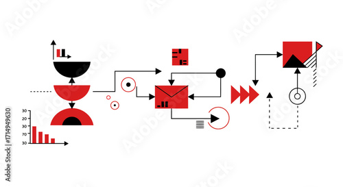 Abstract geometric diagram with arrows and data visualization elements in red…