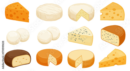 Twelve cartoon cheeses display diverse forms colors and textures on a white background