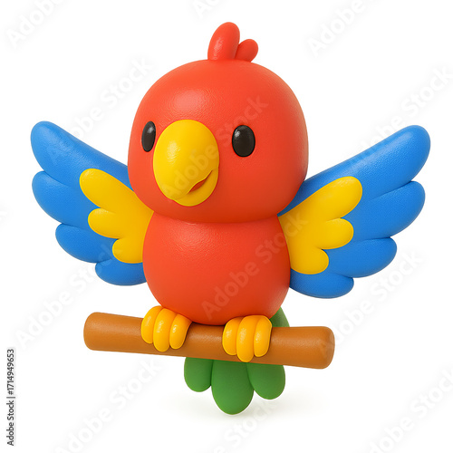 Cute colorful toy parrot figurine perched on a branch.