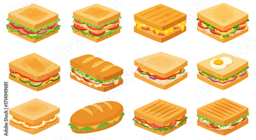Twelve isometric sandwich illustrations with varied ingredients in orderly rows