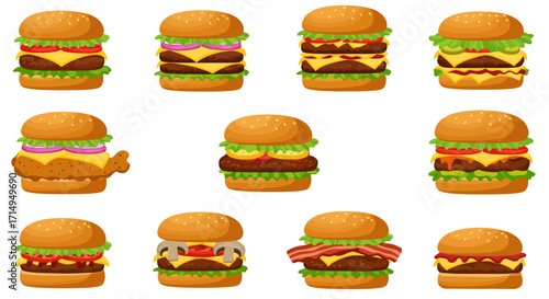 Twelve cartoon hamburgers with different toppings sit on a white background