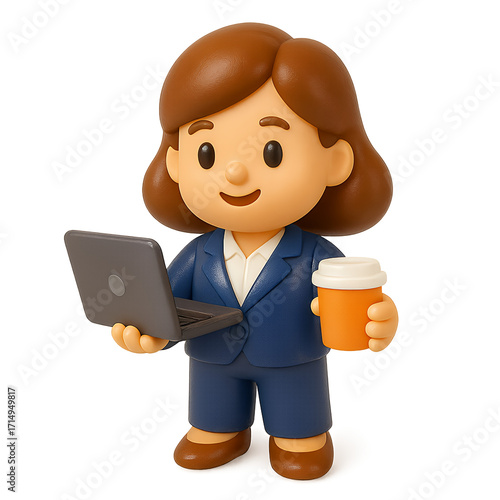 Businesswoman holding laptop and coffee cup ready for work.
