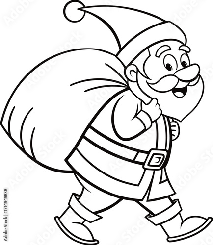 Set of cheerful cartoon Santa Claus carrying a large sack full of gifts line art silhouette vector illustration.