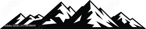 Black and white mountain silhouette illustration, sharp peaks with snow caps, minimalistic vector design for outdoor adventure, hiking, nature, travel branding