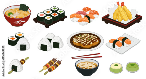Varied Japanese foods are pictured including sushi ramen tempura skewers and desserts