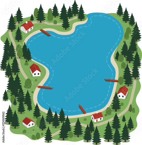 Lake surrounded by pine trees with small houses and docks vector illustration in landscape view 