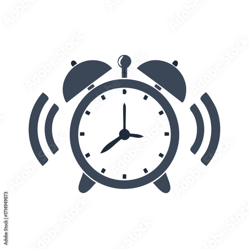 Dark grey alarm clock icon ringing with waves Keywords: alarm clock, time, morning, wake up