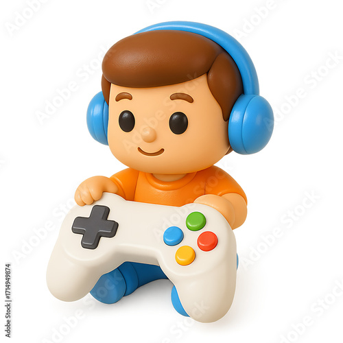 Cartoon Boy Immersed in Gaming with Headset and Controller.