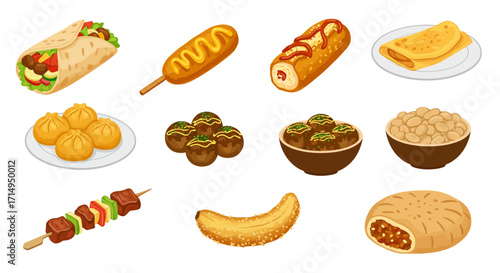Variety of illustrated international street food items arranged on a white background