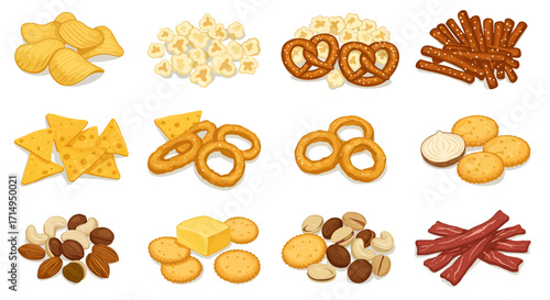 Various snacks like chips popcorn pretzels nachos nuts cheese onion dip jerky