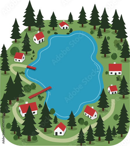 Lake surrounded by pine trees and small cottages with wooden docks in peaceful forest landscape vector illustration 