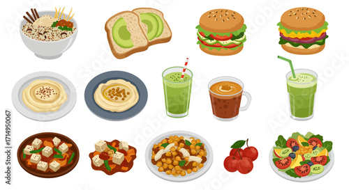 Vegan foods grain bowl toast burgers hummus tofu dishes chickpea dish smoothies coffee cherries and salad