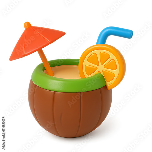 Tropical Coconut Drink with Umbrella and Orange Slice.