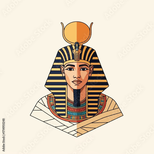 Stylized illustration of an ancient Egyptian pharaoh wearing a nemes headdress and sun disk, representing ancient Egyptian culture.