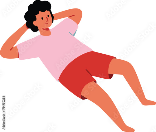 Person doing abdominal crunch exercise in pink shirt and red shorts fitness and workout vector illustration