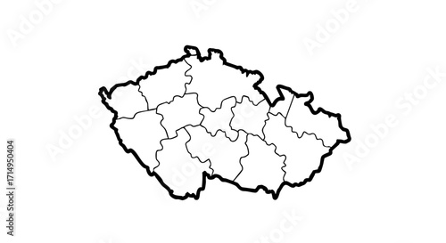Czech Republic outline featuring administrative divisions, showing country border and internal borders. Nation outline emphasizes administrative structure and regional divisions, useful for maps,