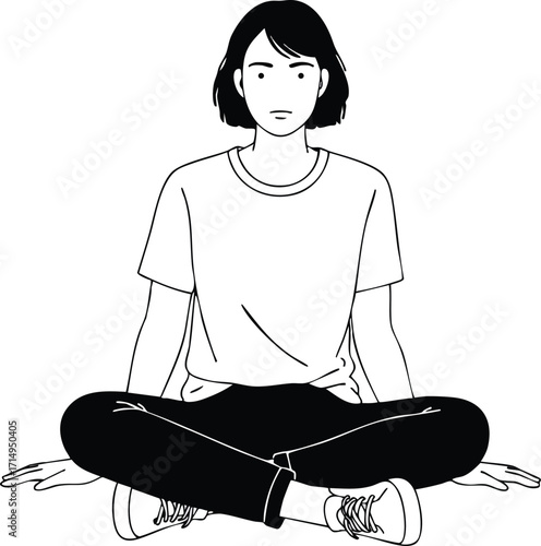 Woman sitting cross-legged in casual clothing simple black and white vector illustration peaceful calm posture 