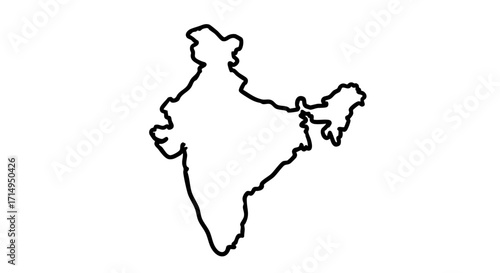 India outline on clean white background. India map displays geographic borders in minimalist style, simple black lines defining India outline.
